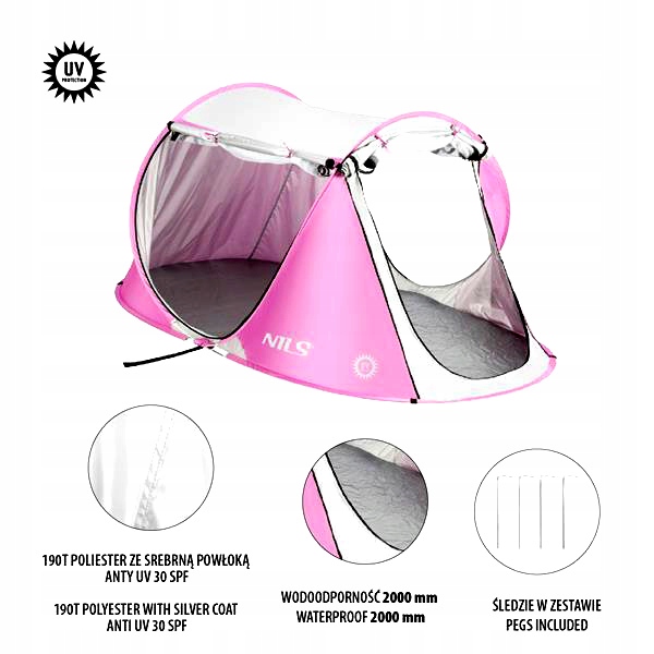 Namiot Plażowy Samorozkładający się dla Dzieci Różowy NILS Lekki POP-UP