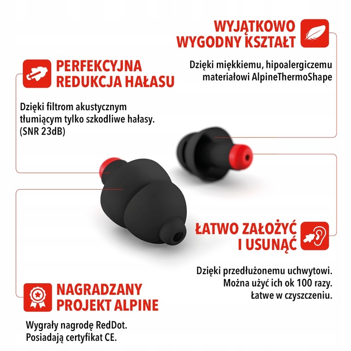 Zatyczki do uszu do pracy, hałas, tłumienie 23 dB, Alpine WorkSafe, czarne