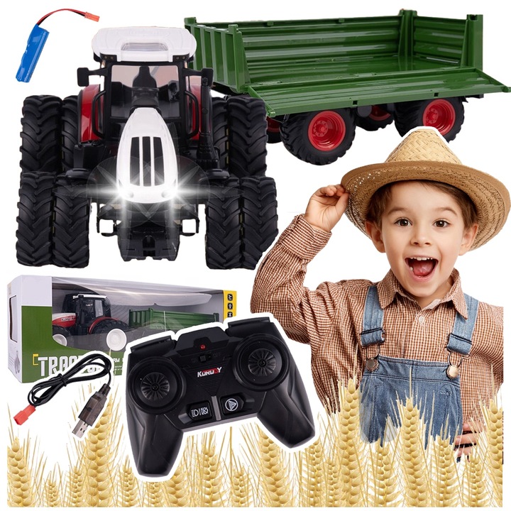 TRAKTOR ZDALNIE STEROWANY DUŻY Z PRZYCZEPĄ RC CIĄGNIK 42cm ładowanie USB