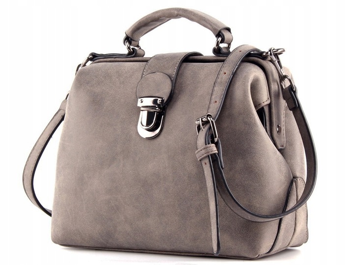 TOREBKA SZARA Damska Kuferek na Ramię do Ręki Pojemna Zamsz