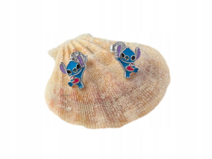 Pr.925 Srebrne bajkowe kolczyki Stich z serduszkiem -HIT kolorowy Stitch