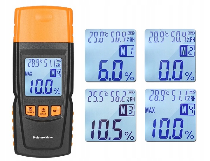 WILGOTNOŚCIOMIERZ MIERNIK WILGOTNOŚCI DO DREWNA 4 GRUPY POMIARU 9V+ BATERIE