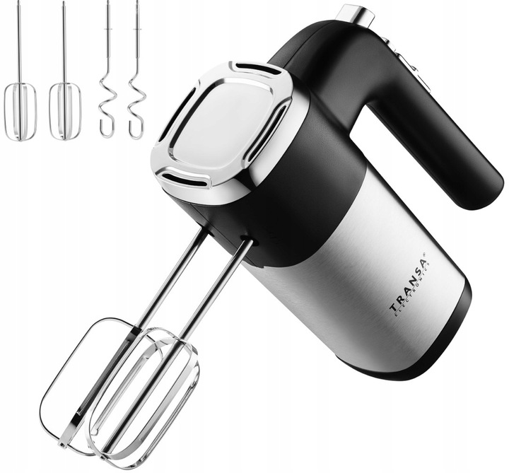Mikser ręczny 5 biegów tryb TURBO Zestaw 4 mieszadła Organizer TRANSA 900W