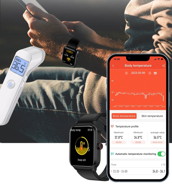 SMARTWATCH ZEGAREK TEMPERATURA CIAŁA POMIARU CUKRU GLUKOZA 3 PASKI HRV NFC