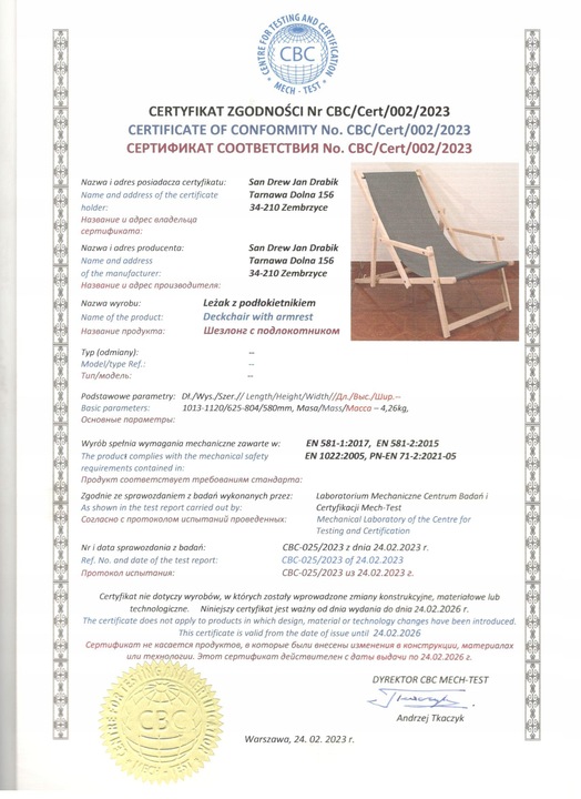 Leżak drewniany z podłokietnikami ogrodowy San-Drew TP33