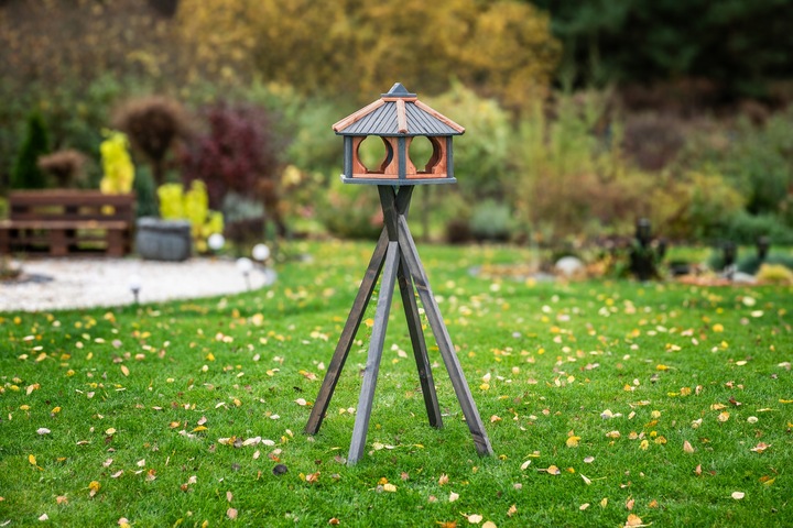 Duży Karmnik dla ptaków do stojaka drewno z wsypem KW62 antracyt-tik PL