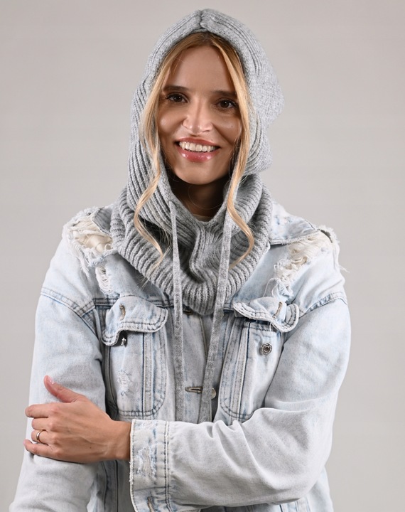 Czapka damska szara KAPTUR modny balaclava Kominiarka komin miekka zimowa