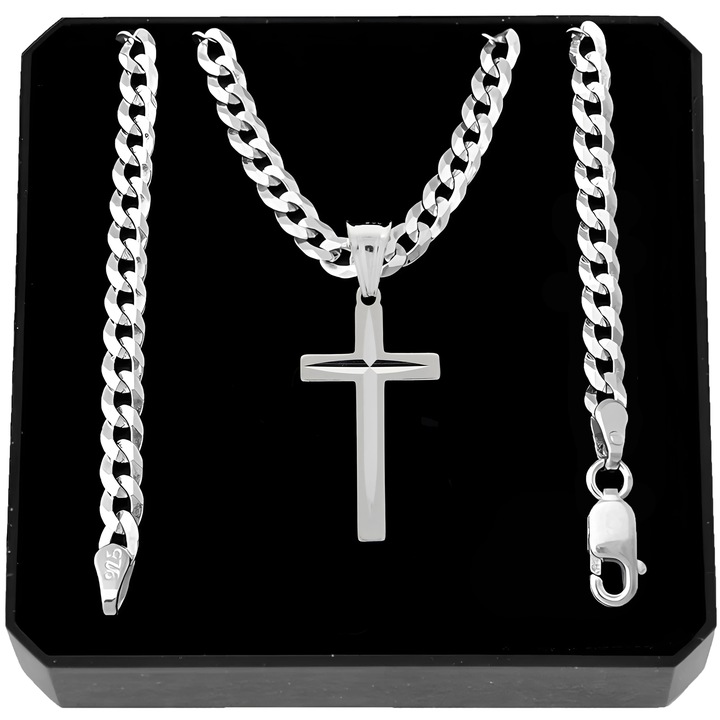 Łańcuszek męski srebrny 925 pancerka 4 mm 50 cm z krzyżykiem na urodziny