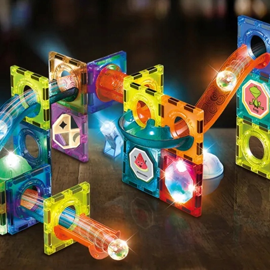 DUŻE KLOCKI KONSTRUKCYJNE MAGNETYCZNE ŚWIECĄCY TOR KULKOWY 75 ELEMENTÓW