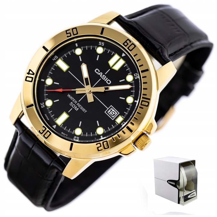 ZEGAREK MĘSKI CASIO MTP-VD01 skórzany datownik czarny + BOX +GRAWER