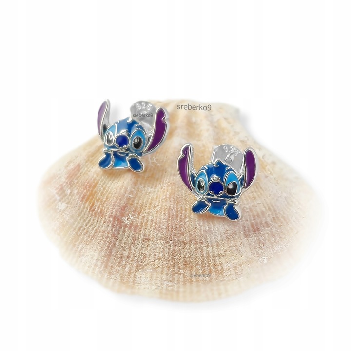 Pr.925 Srebrne bajkowe kolczyki Stich dla dziewczynki - HIT kolorowy Stitch