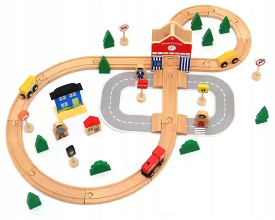 DREWNIANA KOLEJKA TOR WAGONY POCIĄG Budynki Ciuchcia Lokomotywa Zestaw