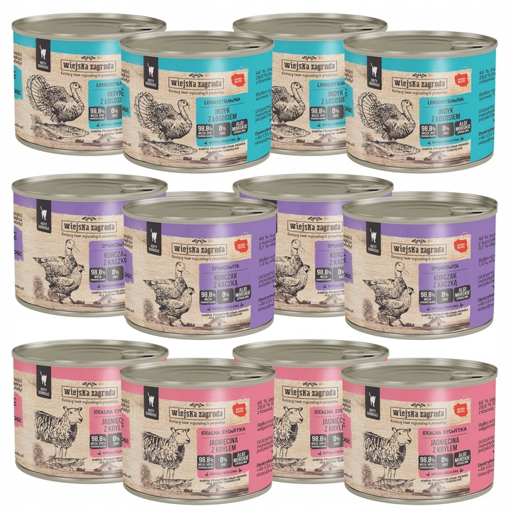 WIEJSKA ZAGRODA Karma mokra dla kota MIX Smaków 12 x 200g bezzbożowa