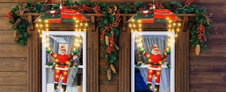 Mikołaj Ze Spadochronem LED 60cm Ozdoba Świąteczna 8 Trybów Dekoracja