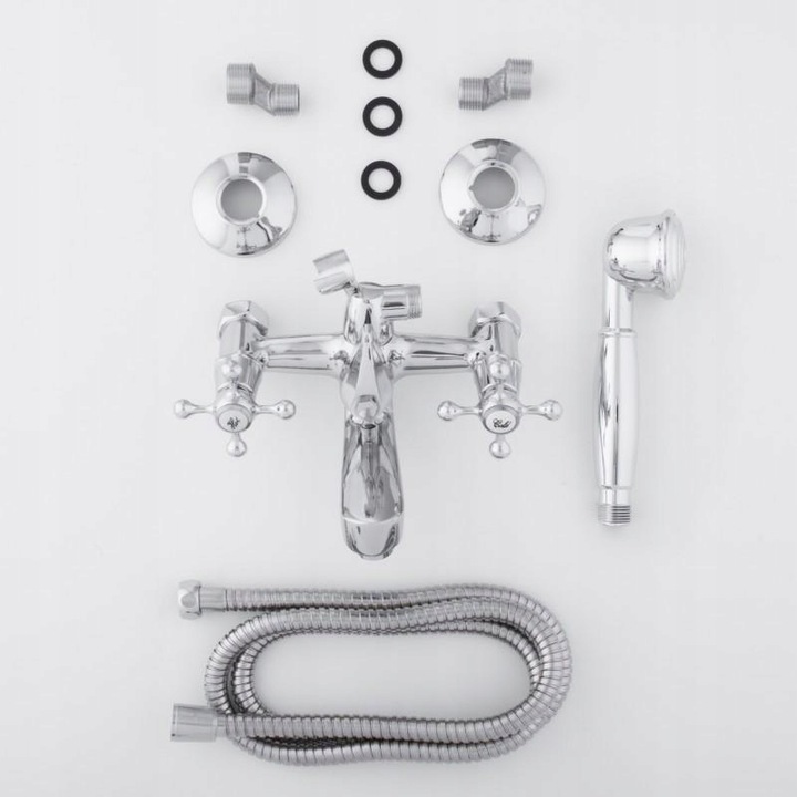 Bateria wannowa z prysznicem ścienna retro dwuuchwytowa kran do wanny chrom