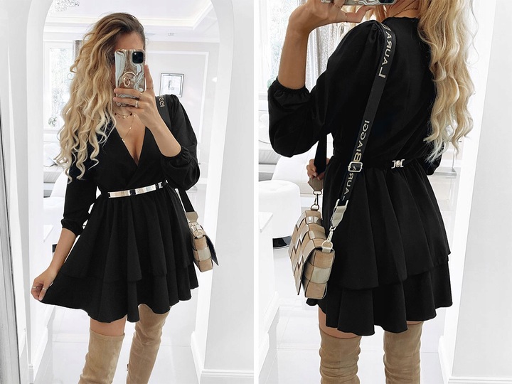 SUKIENKA ROZKLOSZOWANA KOPERTOWY DEKOLT CZERŃ