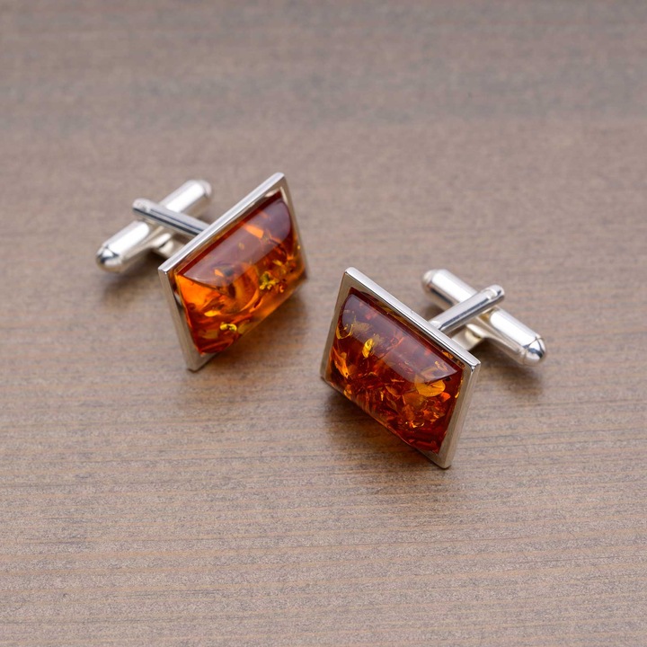 Spinki do mankietów, spinki do koszuli z bursztynem bałtyckim, srebrne
