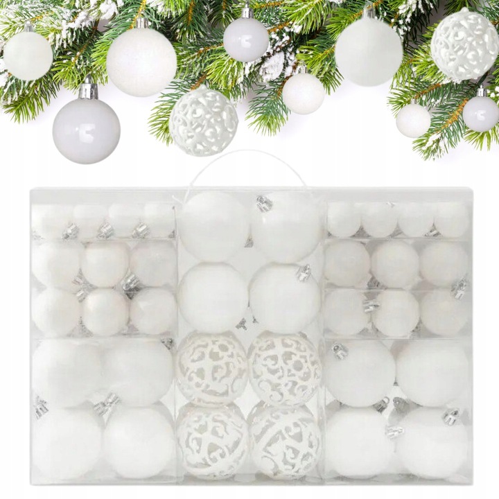 BOMBKI CHOINKOWE ZESTAW MIX WZORÓW ŚWIĄTECZNE BIAŁE WZORY XXL 100SZT