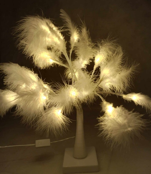 Dekoracja drzewko led ozdobne z piórkami światło BIAŁE CIEPŁE
