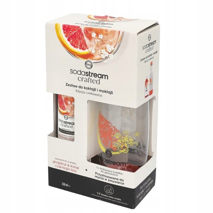 Baza do koktajli SodaStream Grejpfrut Kwiat Bzu 330ml + Butelka 1l+ książka