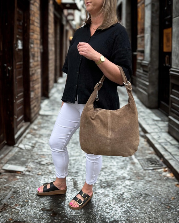 TAUPE ZAMSZOWA TOREBKA WOREK CAPPUCCINO TOREBKA ZAMSZ NATURALNY Vera Pelle