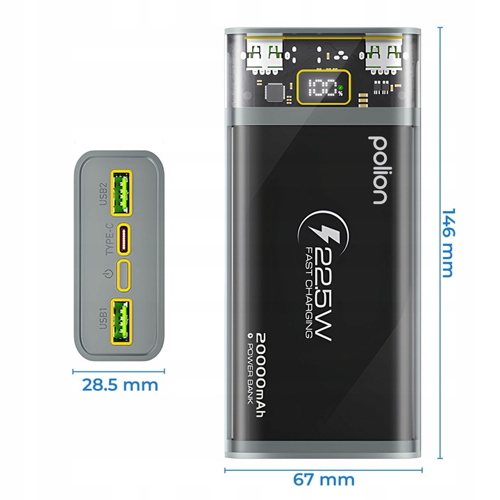 Powerbank POLION Szybkie Ładowanie 22.5W 20000mAh USB-C USB-A PD3.0 QC3.0