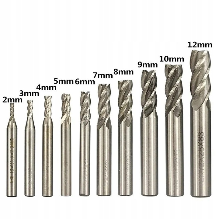 10 szt zestaw komplet frezów HSS fi 2 3 4 5 6 7 8 9 10 12 mm