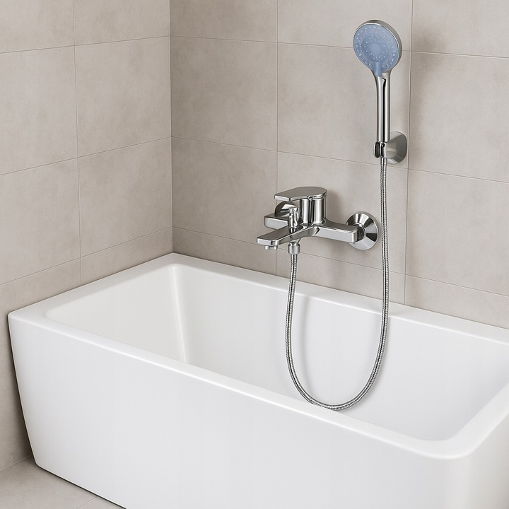 Bateria wannowa ścienna z prysznicem chrom srebrna słuchawka z wężem YOKA