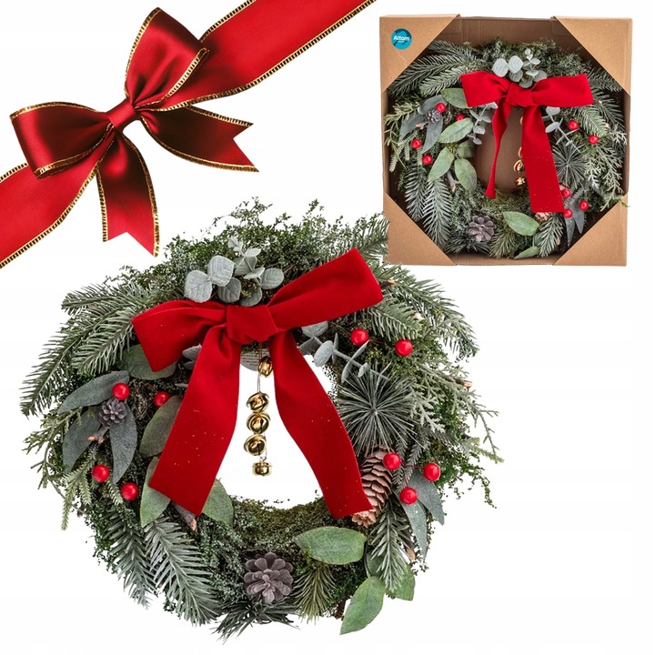 Wianek na drzwi świąteczny z czerwoną kokardą wieniec Altom Design 32 cm