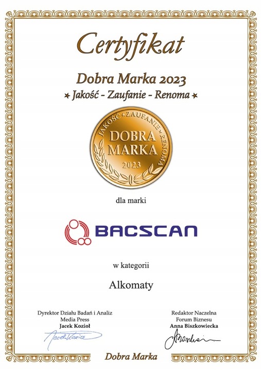 PRECYZYJNY Alkomat BACscan F-50 Ultra z kalibracją Zestaw PRO+ 50 ustników