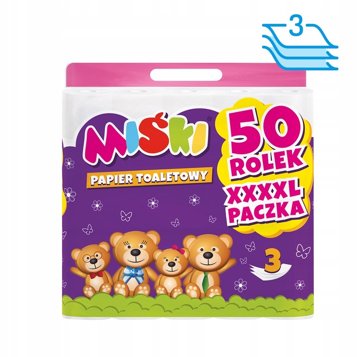 Papier toaletowy MIŚKI 3 WARSTWY Celuloza PACZKA 50 rolek