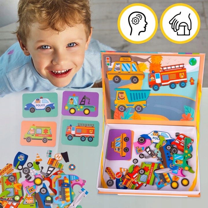UKŁADANKA MAGNETYCZNA KSIĄŻECZKA PUZZLE POJAZDY 12 NA MAGNES 65 ELEMENTÓW