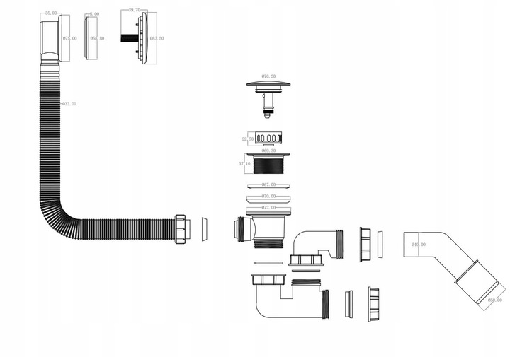 Syfon Wannowy KLIK KLAK Czyszczony od Góry Czarny z Korkiem Szybki Montaż