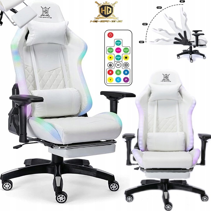 FOTEL GAMINGOWY BIUROWY WYGODNY KRZESŁO GRACZA OBROTOWY +RGB LED I PODNÓŻEK