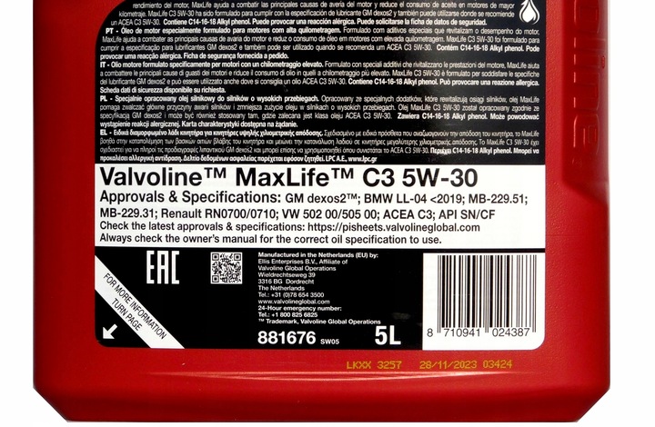 VALVOLINE MaxLife C3 5W30 5L BMW LL-04 Dexos2 API SN/CF DPF NOWY ŚWIEŹY