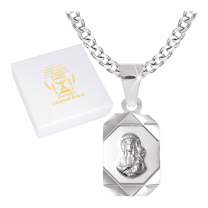 ŁAŃCUSZEK SREBRNY MEDALIK KOMUNIJNY MATKA BOSKA NA KOMUNIĘ NA CHRZEST 50 cm