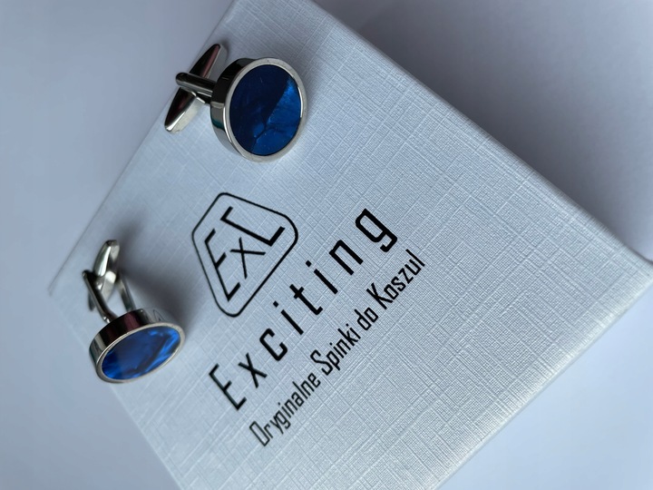 Smokingowe spinki do mankietów EXC Srebrne z Niebieską Masą Perłową + Etui