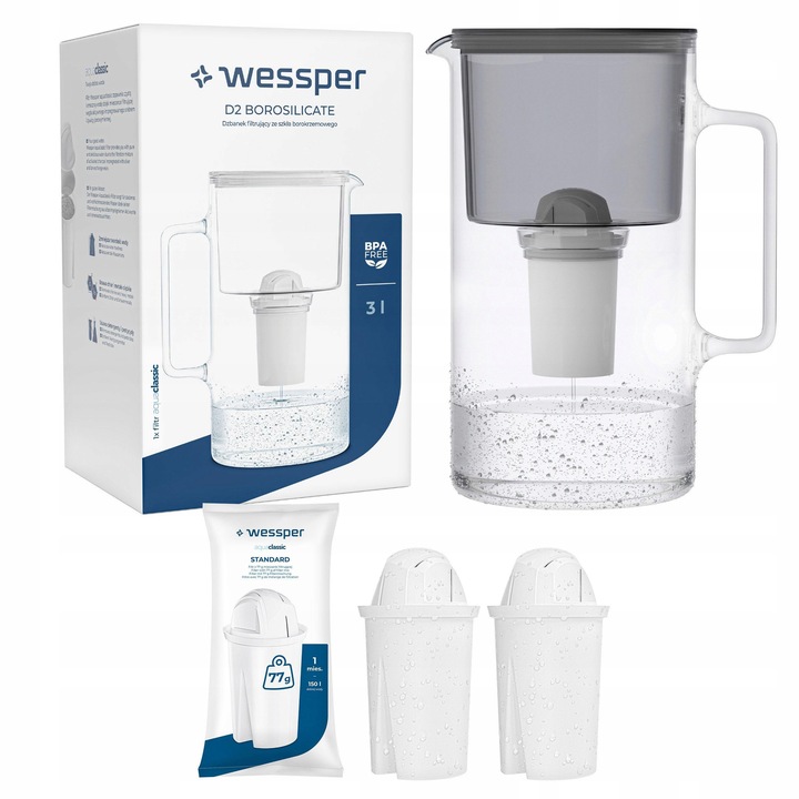 DZBANEK SZKLANY WESSPER D2 BOROSILICATE 3l + 3x Filtr Wessper aquaclassic