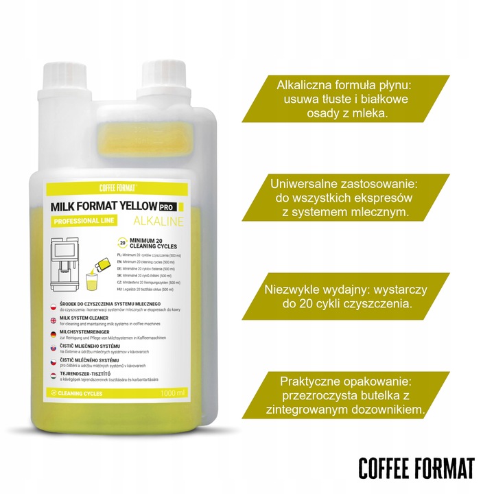 Płyn do czyszczenia spieniacza mleka 1l = 20 cykli Coffee Format Yellow Pro