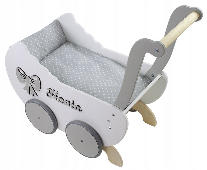 drewniany WÓZEK DLA LALEK +IMIĘ + POŚCIEL +stopery