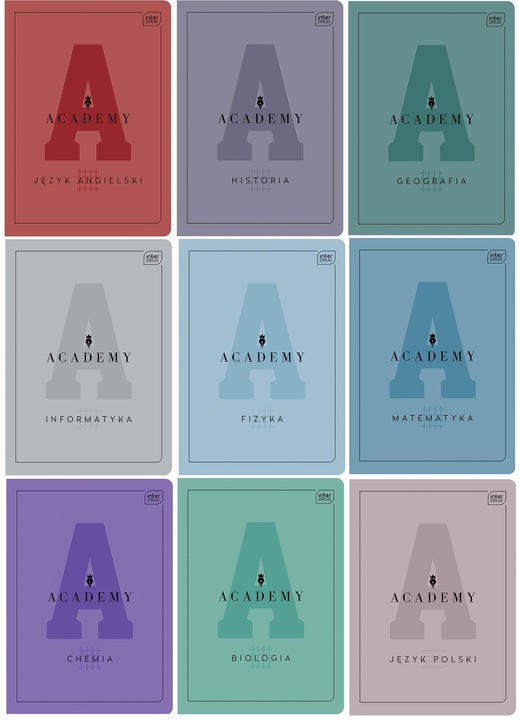 Zestaw zeszytów tematycznych Academy A5 INTERDRUK 9 sztuk + notes A6 gratis
