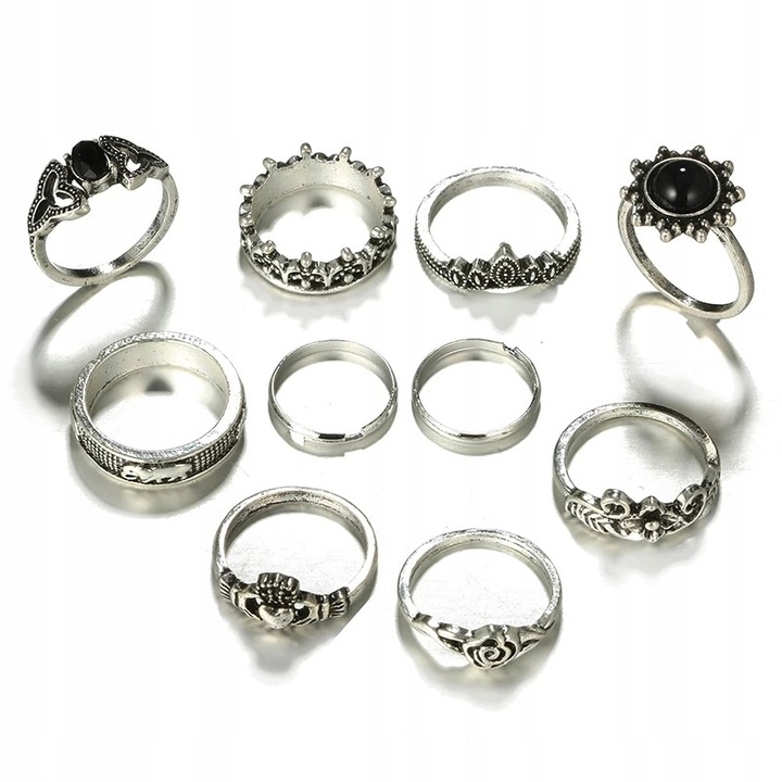 Srebrny ZESTAW PIERŚCIONKÓW RETRO PUNK BOHO 09