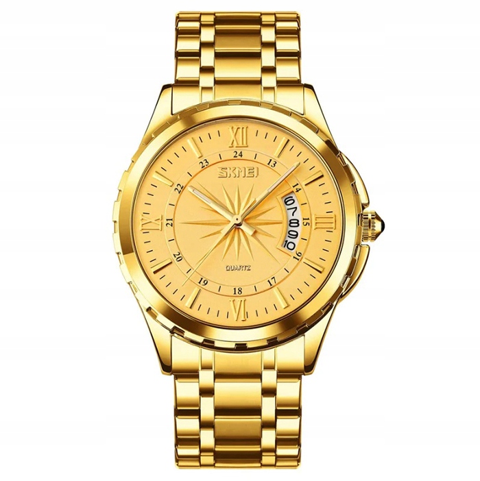 Zegarek męski bransoleta srebrny złoty czytelna tarcza datownik