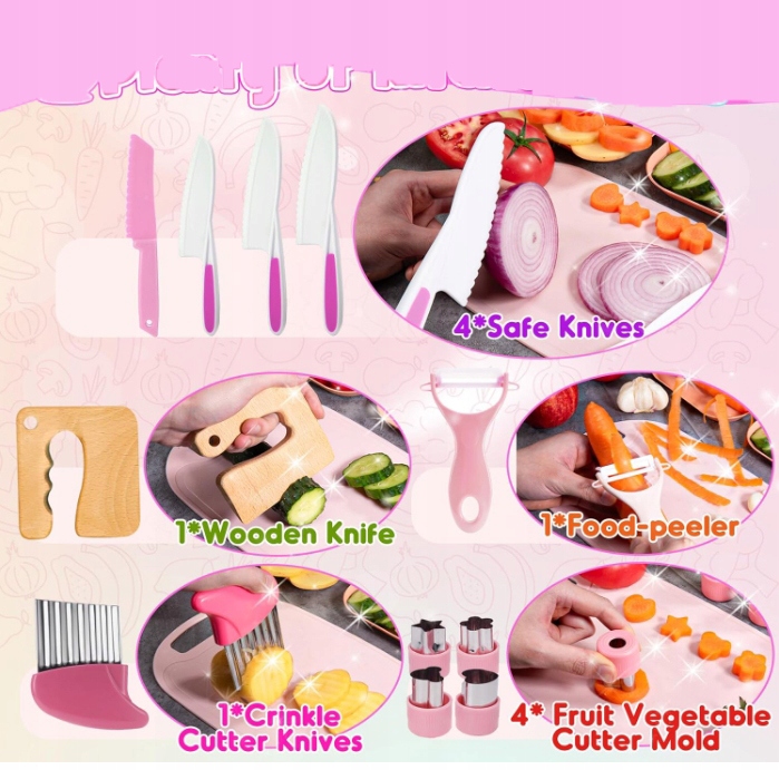 ZESTAW BEZPIECZNYCH NOŻY AKCESORIÓW KUCHENNYCH DLA DZIECI 13EL Prezenty