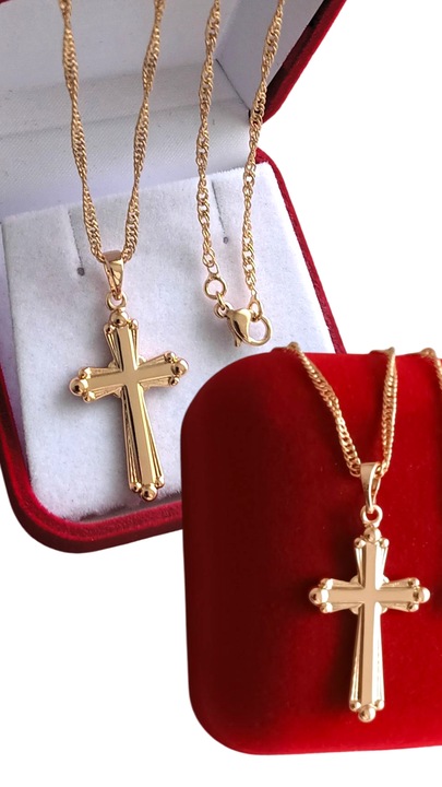 złoty łańcuszek krzyżyk na komunię na chrzest medalik komunijny + PUDEŁKO