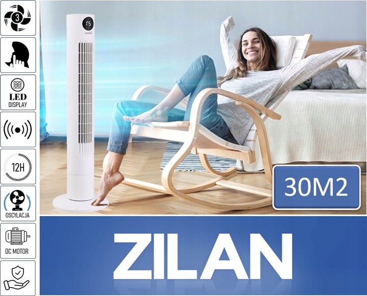 WENTYLATOR KOLUMNOWY XL 60W BIAŁY CICHY PANEL LED PILOT OSCYLACJA TERMOMETR