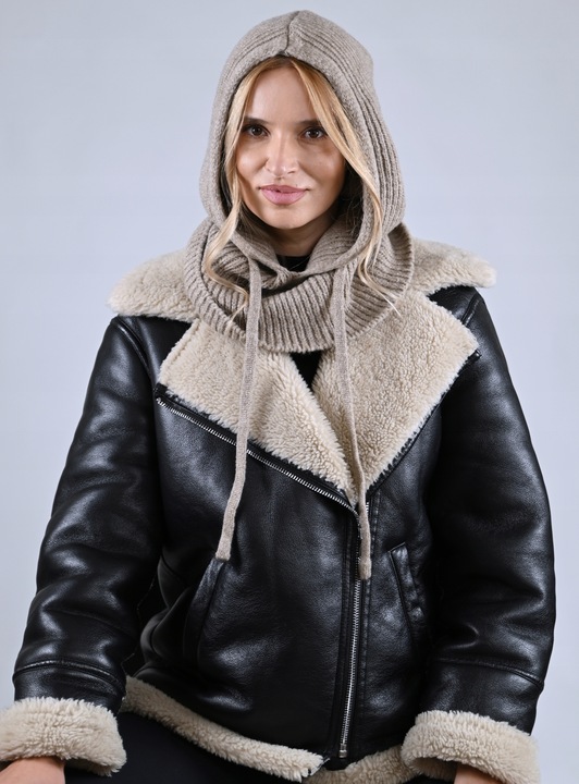 CZAPKA Kominiarka KAPTUR komin Balaclava damska ciepła miekka zimowa Latte