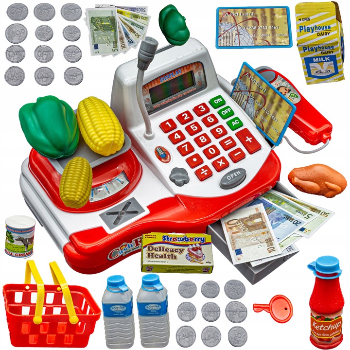 SUPERMARKET SKLEP Kasa Fiskalna Produkty Skaner Koszyk Mikrofon Waga Monety