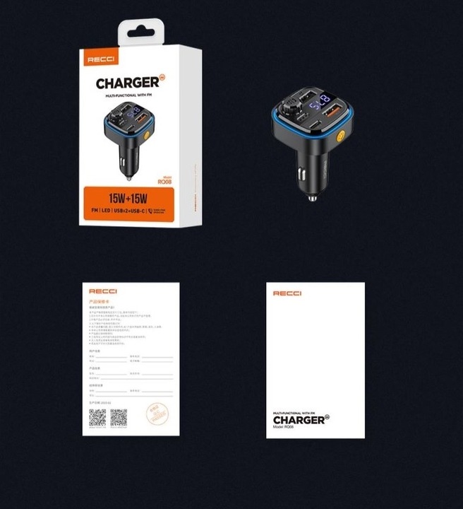 TRANSMITER SAMOCHODOWY FM BLUETOOTH LED USB i USB-C QC 3.1A RECCI