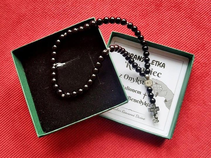 Bransoletka Męska RÓŻANIEC na rękę CAŁY PEŁNY z kamieni ONYKSU św.Benedykt